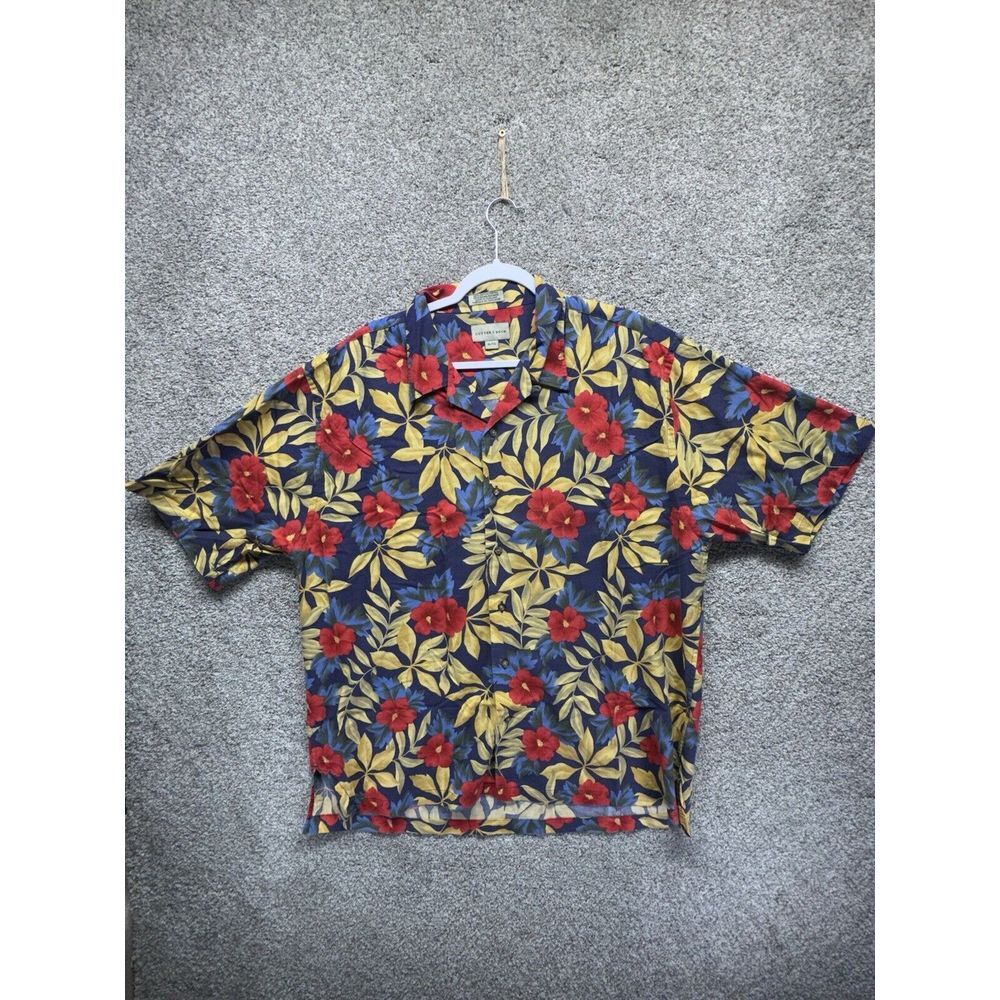 Cutter &‎ Buck Shirt Mens XL Yellow Blue Red Hawaiian Short Sleeve Button Up EUC